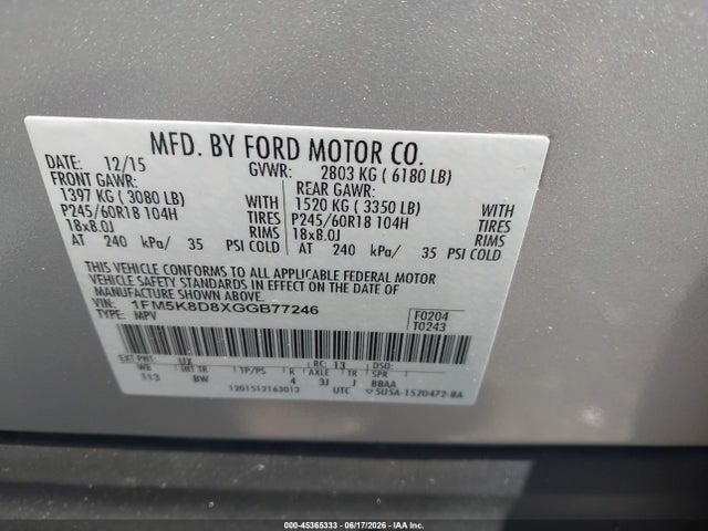 45365333 :رقم المزاد ، 1FM5K8D8XGGB77246 vin ، 2016 Ford Explorer Xlt مزاد بيع