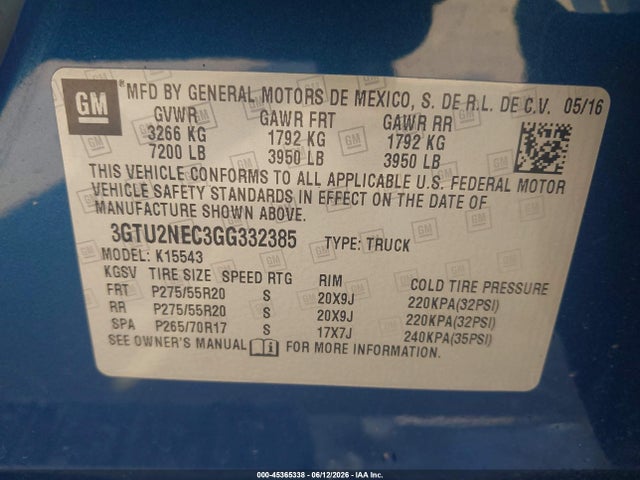 Продаж на аукціоні авто 2016 Gmc Sierra 1500 Slt, vin: 3GTU2NEC3GG332385, номер лоту: 45365338