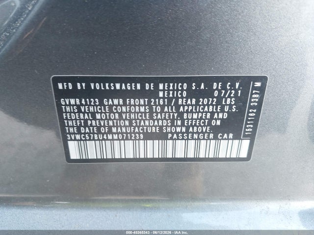 Продаж на аукціоні авто 2021 Volkswagen Jetta 1.4t R-line/1.4t S/1.4t Se, vin: 3VWC57BU4MM071239, номер лоту: 45365343