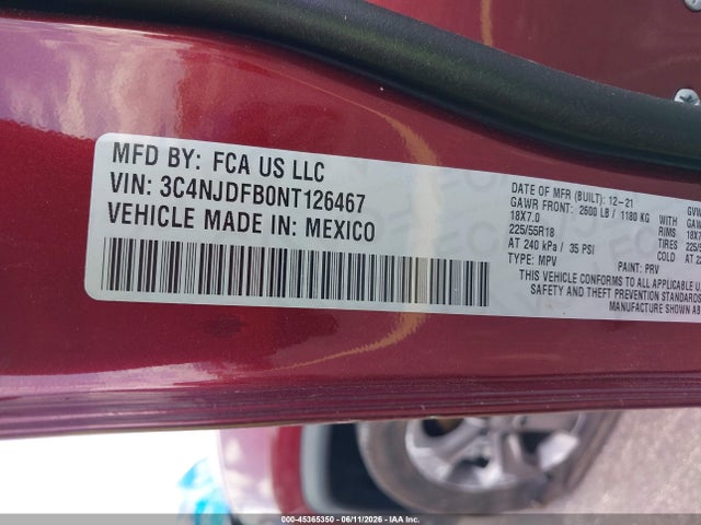 Aukcja sprzedaży 2022 Jeep Compass Latitude Lux 4x4, vin: 3C4NJDFB0NT126467, numer aukcji: 45365350