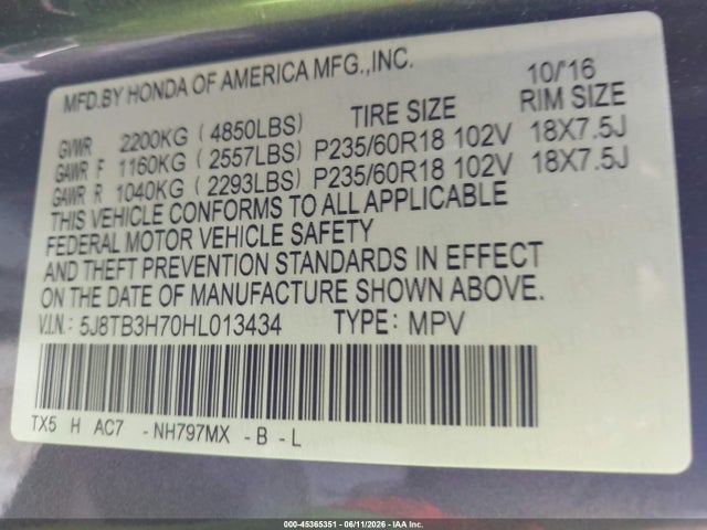 Auction sale of the 2017 Acura Rdx Advance Package, vin: 5J8TB3H70HL013434, lot number: 45365351