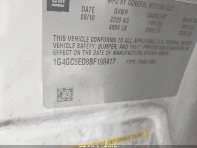 45365356 :رقم المزاد ، 1G4GC5ED8BF198417 vin ، 2011 Buick Lacrosse Cxl مزاد بيع