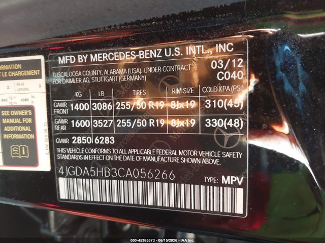 Продажа на аукционе авто 2012 Mercedes-benz Ml 350 4matic, vin: 4JGDA5HB3CA056266, номер лота: 45365373
