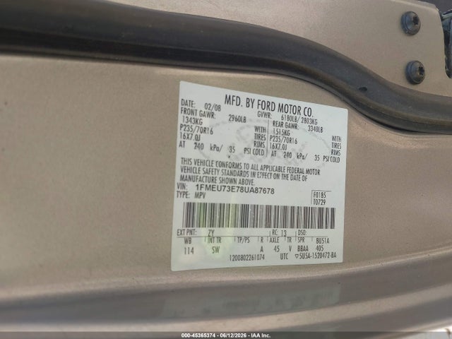 Aukcja sprzedaży 2008 Ford Explorer Xlt, vin: 1FMEU73E78UA87678, numer aukcji: 45365374