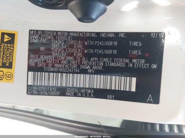 Toyota Highlander Le Plus V6 2016 5TDBKRFHXGS242144 Image 9