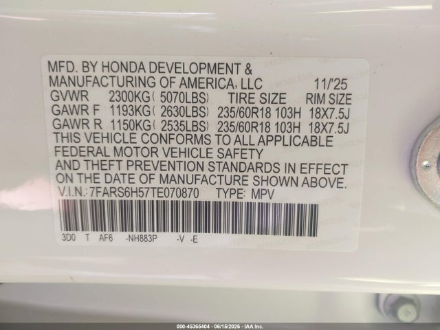 Auction sale of the 2026 Honda Cr-v Hybrid Awd Sport, vin: 7FARS6H57TE070870, lot number: 45365404