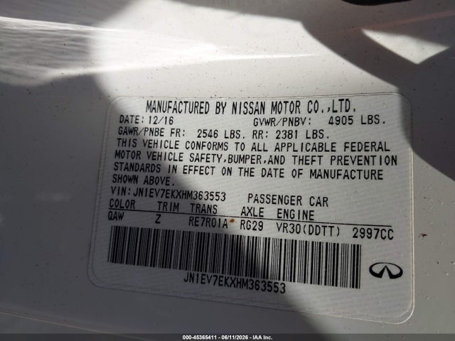Aukcja sprzedaży 2017 Infiniti Q60 3.0t Sport, vin: JN1EV7EKXHM363553, numer aukcji: 45365411