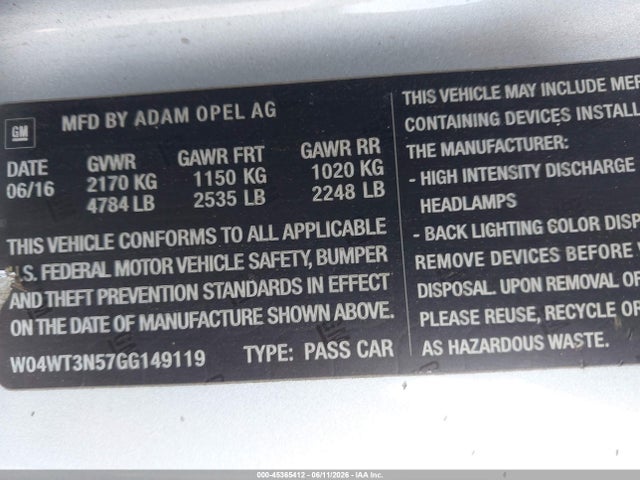 45365412 :رقم المزاد ، W04WT3N57GG149119 vin ، 2016 Buick Cascada Premium مزاد بيع
