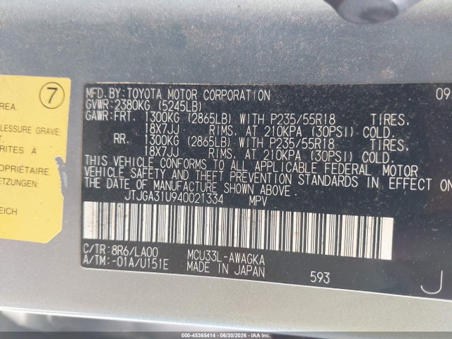 45365414 :رقم المزاد ، JTJGA31U940021334 vin ، 2004 Lexus Rx 330 مزاد بيع