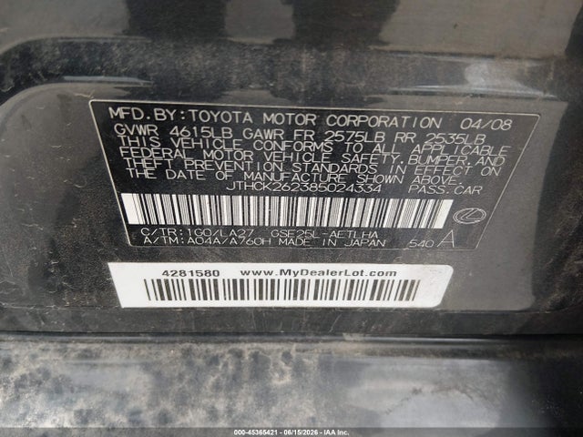 45365421 :رقم المزاد ، JTHCK262385024334 vin ، 2008 Lexus Is 250 مزاد بيع