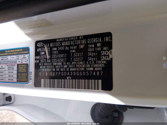 2016 Kia Sorento 2.4l Lx მანქანა იყიდება აუქციონზე, vin: 5XYPGDA39GG057487, აუქციონის ნომერი: 45365436
