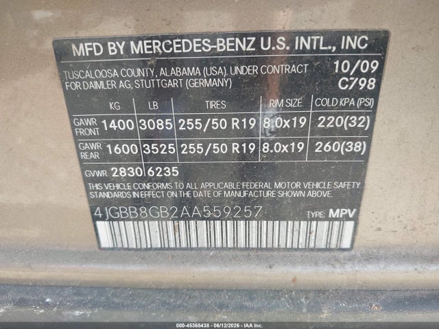 Aukcja sprzedaży 2010 Mercedes-benz Ml 350 4matic, vin: 4JGBB8GB2AA559257, numer aukcji: 45365438