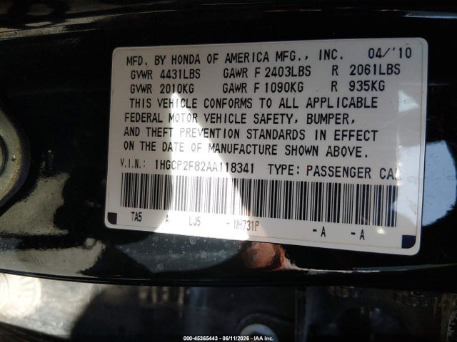 2010 Honda Accord 2.4 Ex-l მანქანა იყიდება აუქციონზე, vin: 1HGCP2F82AA118341, აუქციონის ნომერი: 45365443