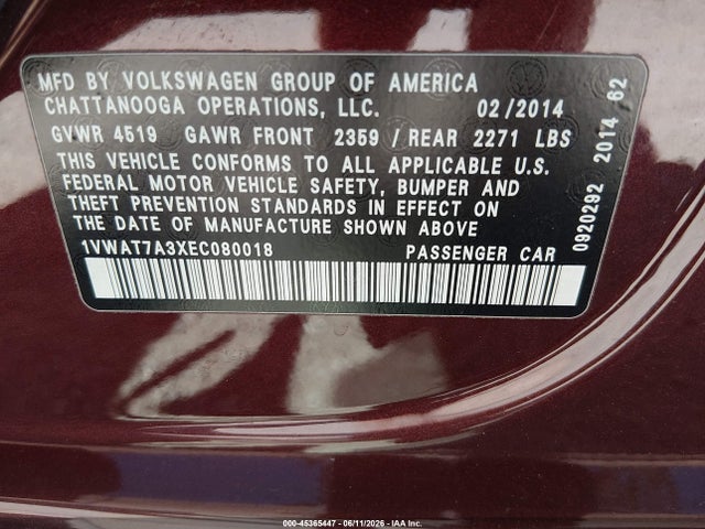 2014 Volkswagen Passat 1.8t Wolfsburg Edition მანქანა იყიდება აუქციონზე, vin: 1VWAT7A3XEC080018, აუქციონის ნომერი: 45365447