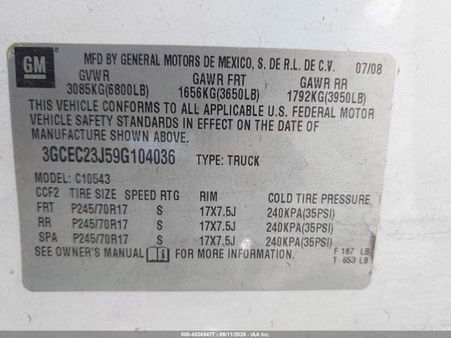 Aukcja sprzedaży 2009 Chevrolet Silverado 1500 Lt, vin: 3GCEC23J59G104036, numer aukcji: 45365477