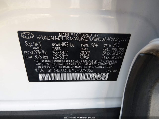2018 Hyundai Santa Fe Sport 2.4l მანქანა იყიდება აუქციონზე, vin: 5NMZU3LBXJH079852, აუქციონის ნომერი: 45365485