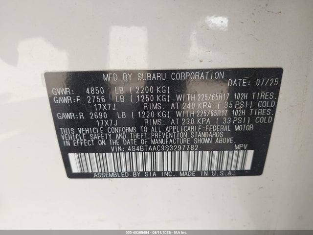 Aukcja sprzedaży 2025 Subaru Outback, vin: 4S4BTAAC9S3297782, numer aukcji: 45365494