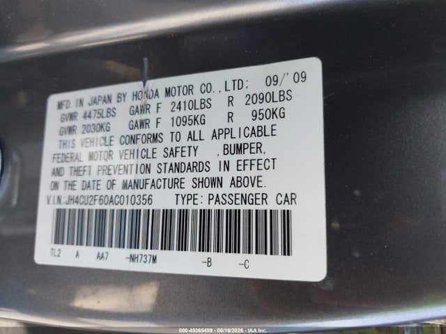 45365499 :رقم المزاد ، JH4CU2F60AC010356 vin ، 2010 Acura Tsx 2.4 مزاد بيع