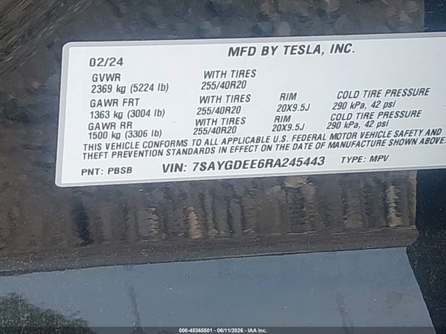 Продажа на аукционе авто 2024 Tesla Model Y Long Range Dual Motor All-wheel Drive, vin: 7SAYGDEE6RA245443, номер лота: 45365501