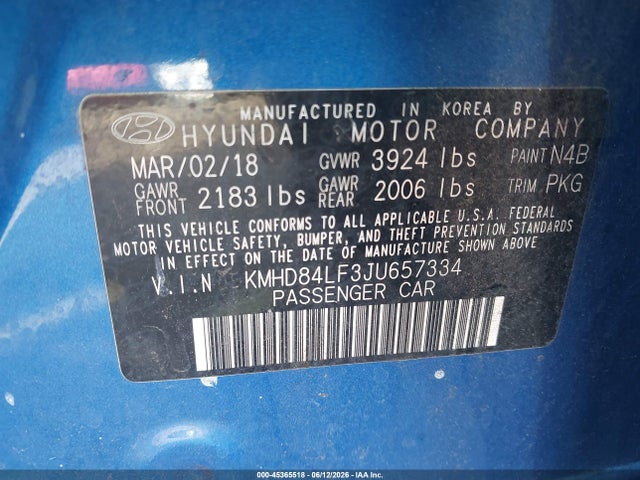45365518 :رقم المزاد ، KMHD84LF3JU657334 vin ، 2018 Hyundai Elantra Sel مزاد بيع
