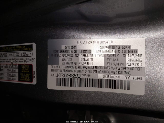 2011 Mazda Cx-9 Grand Touring მანქანა იყიდება აუქციონზე, vin: JM3TB3DV2B0325399, აუქციონის ნომერი: 45365520