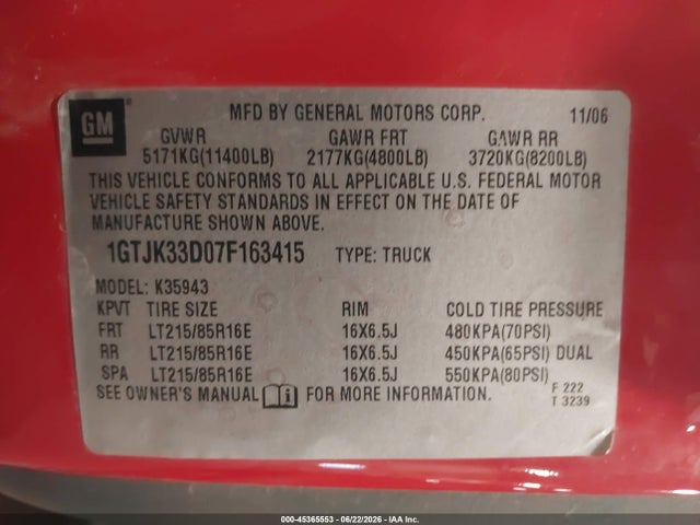 Продаж на аукціоні авто 2007 Gmc Sierra 3500 Classic Slt, vin: 1GTJK33D07F163415, номер лоту: 45365553