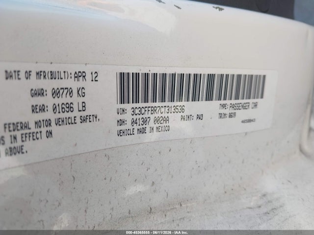 2012 Fiat 500 Sport მანქანა იყიდება აუქციონზე, vin: 3C3CFFBR7CT313536, აუქციონის ნომერი: 45365555