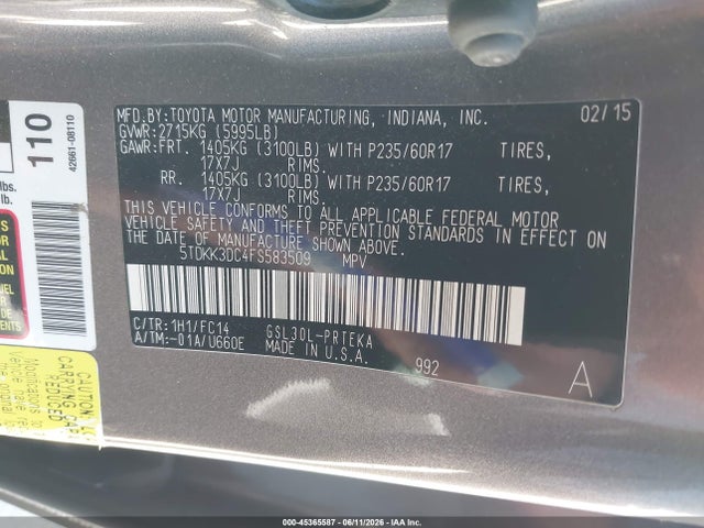 Продаж на аукціоні авто 2015 Toyota Sienna Le 8 Passenger, vin: 5TDKK3DC4FS583509, номер лоту: 45365587