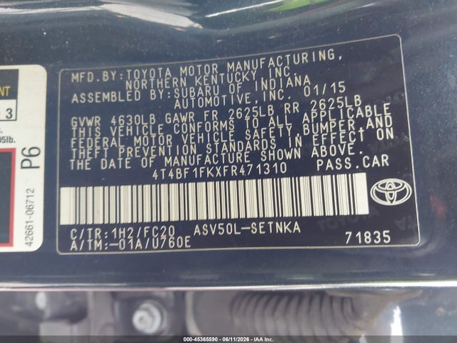 2015 Toyota Camry Le მანქანა იყიდება აუქციონზე, vin: 4T4BF1FKXFR471310, აუქციონის ნომერი: 45365590