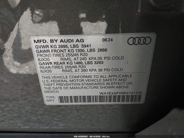 45365593 :رقم المزاد ، WA1E2AFY0R2121125 vin ، 2024 Audi Q5 Premium Plus 55 Tfsi E S Line Quattro S Tronic مزاد بيع