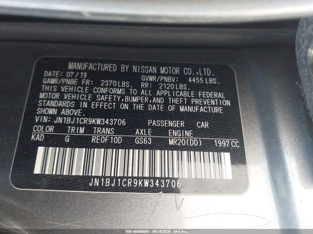 Aukcja sprzedaży 2019 Nissan Rogue Sport S, vin: JN1BJ1CR9KW343706, numer aukcji: 45365600
