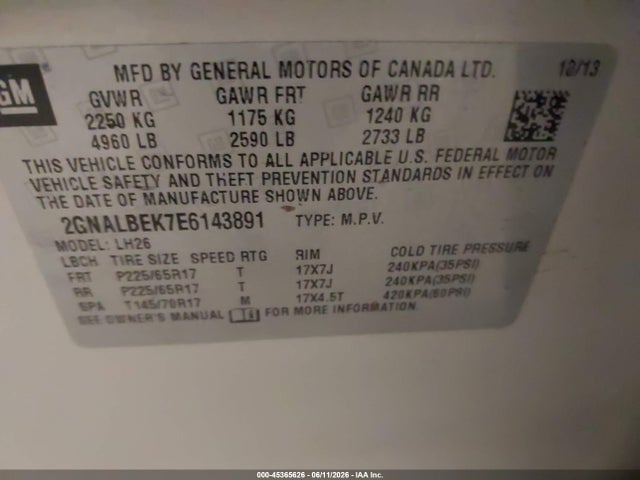 45365626 :رقم المزاد ، 2GNALBEK7E6143891 vin ، 2014 Chevrolet Equinox Lt مزاد بيع