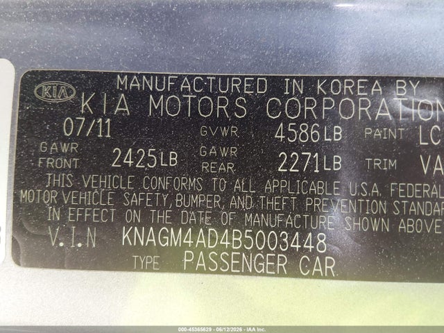 45365629 :رقم المزاد ، KNAGM4AD4B5003448 vin ، 2011 Kia Optima Hybrid Ex مزاد بيع