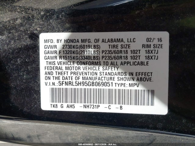 5FNRL5H95GB069051 Honda Odyssey Touring/touring Elite