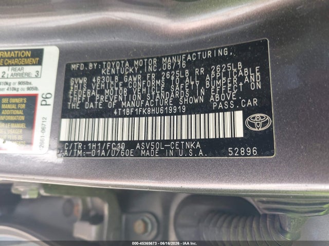Продажа на аукционе авто 2017 Toyota Camry Le, vin: 4T1BF1FK8HU619919, номер лота: 45365673