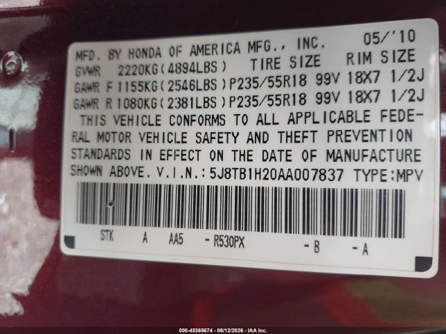 Aukcja sprzedaży 2010 Acura Rdx, vin: 5J8TB1H20AA007837, numer aukcji: 45365674
