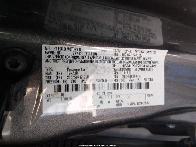 45365678 :رقم المزاد ، 1FAHP3F28CL402429 vin ، 2012 Ford Focus Se مزاد بيع