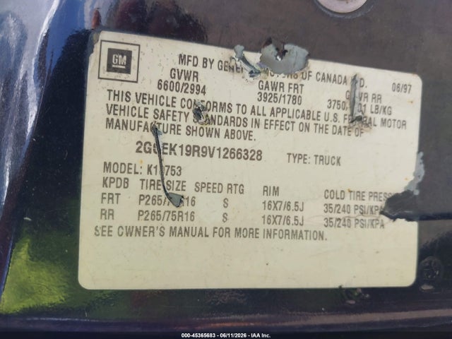 45365683 :رقم المزاد ، 2GCEK19R9V1266328 vin ، 1997 Chevrolet K1500 Fleetside مزاد بيع