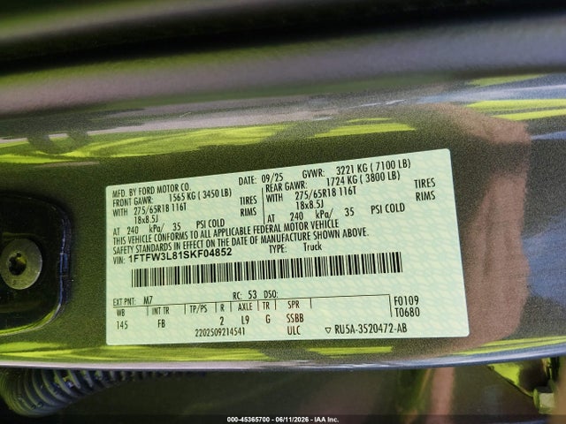 Продаж на аукціоні авто 2025 Ford F-150 Xlt, vin: 1FTFW3L81SKF04852, номер лоту: 45365700