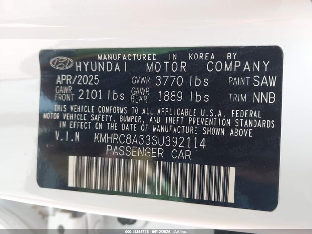 Auction sale of the 2025 Hyundai Venue Sel, vin: KMHRC8A33SU392114, lot number: 45365716