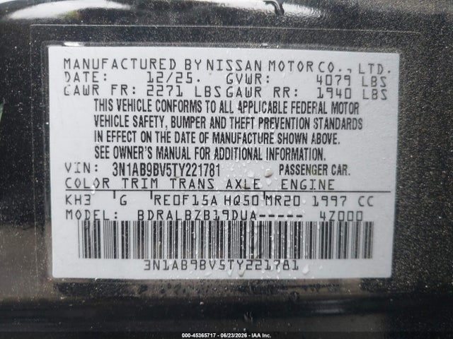 2026 Nissan Sentra S მანქანა იყიდება აუქციონზე, vin: 3N1AB9BV5TY221781, აუქციონის ნომერი: 45365717