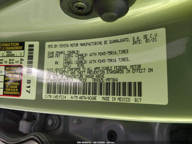Aukcja sprzedaży 2021 Toyota Tacoma Sr5, vin: 3TYAX5GN8MT015111, numer aukcji: 45365747