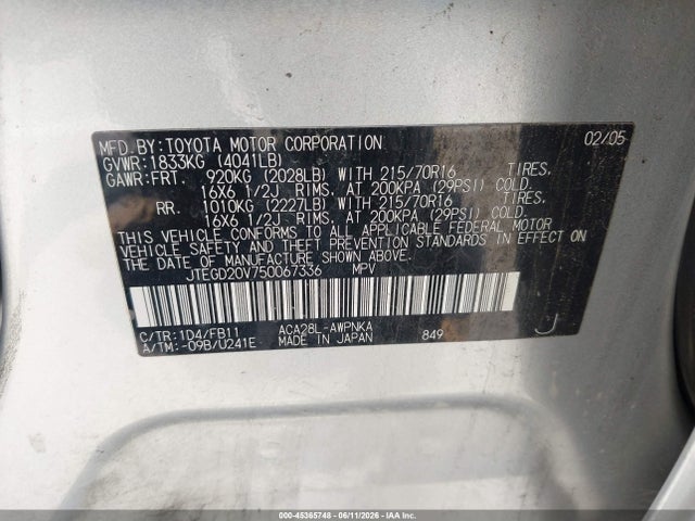Aukcja sprzedaży 2005 Toyota Rav4, vin: JTEGD20V750067336, numer aukcji: 45365748
