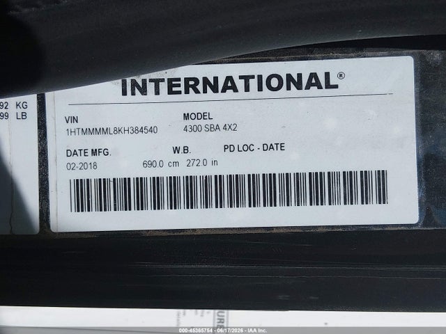 Продаж на аукціоні авто 2019 International Durastar 4300, vin: 1HTMMMML8KH384540, номер лоту: 45365754