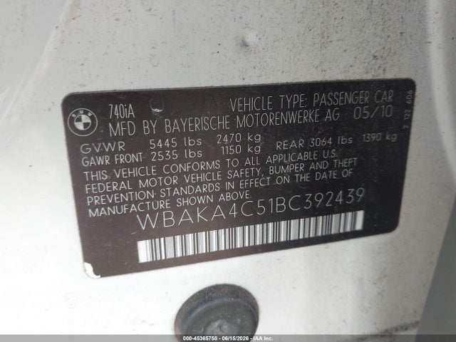 Продаж на аукціоні авто 2011 Bmw 740i, vin: WBAKA4C51BC392439, номер лоту: 45365758
