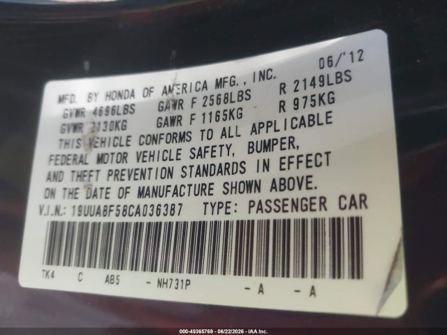 2012 Acura Tl 3.5 მანქანა იყიდება აუქციონზე, vin: 19UUA8F58CA036387, აუქციონის ნომერი: 45365769