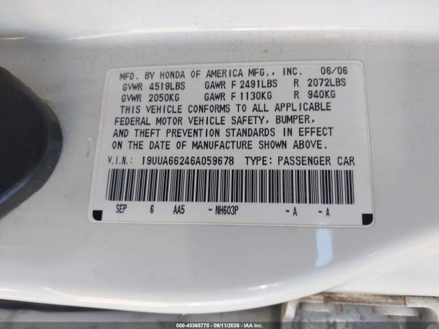 45365770 :رقم المزاد ، 19UUA66246A059678 vin ، 2006 Acura Tl مزاد بيع