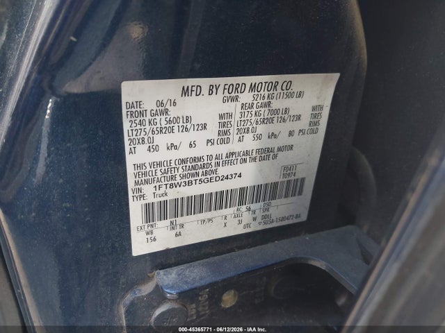 2016 Ford F-350 Lariat მანქანა იყიდება აუქციონზე, vin: 1FT8W3BT5GED24374, აუქციონის ნომერი: 45365771