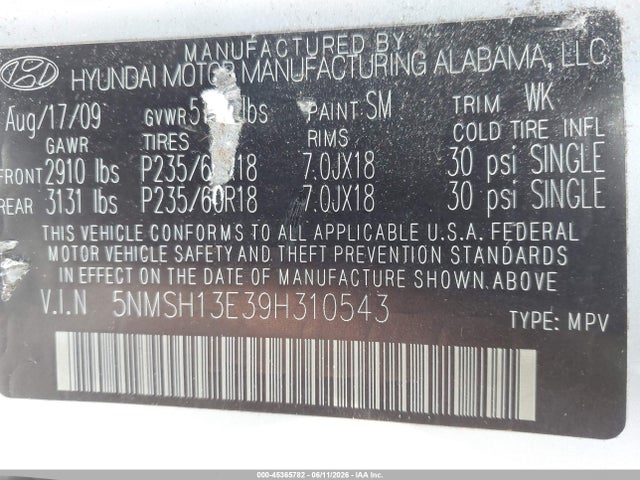 2009 Hyundai Santa Fe Limited მანქანა იყიდება აუქციონზე, vin: 5NMSH13E39H310543, აუქციონის ნომერი: 45365782