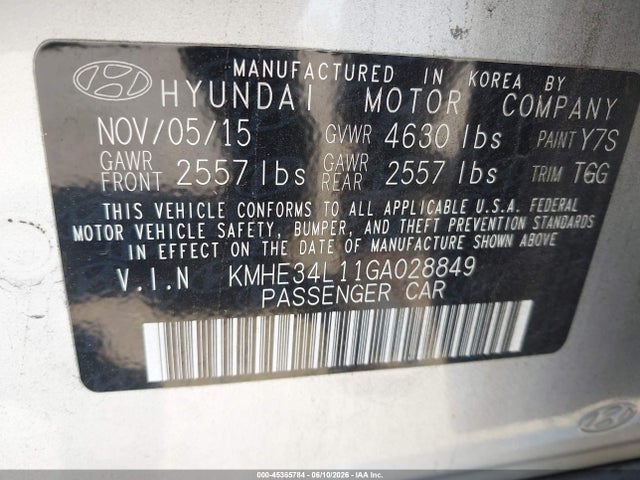 2016 Hyundai Sonata Hybrid Limited მანქანა იყიდება აუქციონზე, vin: KMHE34L11GA028849, აუქციონის ნომერი: 45365784